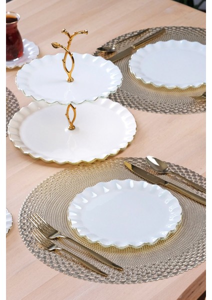 Solid Krem Wavy Altın Yaldızlı 6 Kişilik 26 Parça Pasta Takımı