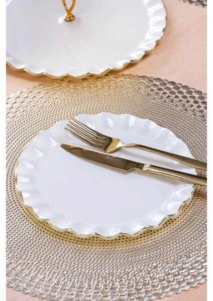 Solid Krem Wavy Altın Yaldızlı 6 Kişilik 26 Parça Pasta Takımı