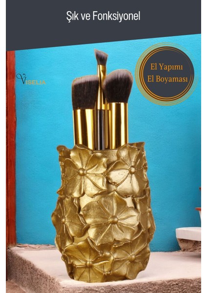 Altın Renkli Makyaj Organizeri ve Fırça Seti 16 Parça, Şık ve Pratik Tasarım modelleri