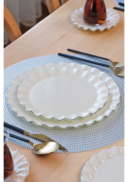 Solid Krem Wavy Platin Yaldızlı 6 Kişilik 26 Parça Pasta Takımı