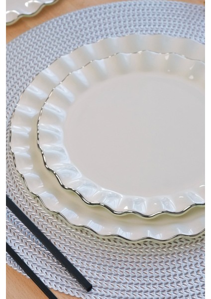 Solid Krem Wavy Platin Yaldızlı 6 Kişilik 26 Parça Pasta Takımı