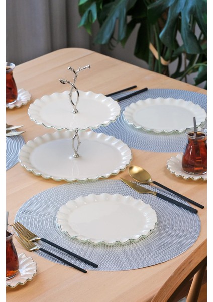 Solid Krem Wavy Platin Yaldızlı 6 Kişilik 26 Parça Pasta Takımı