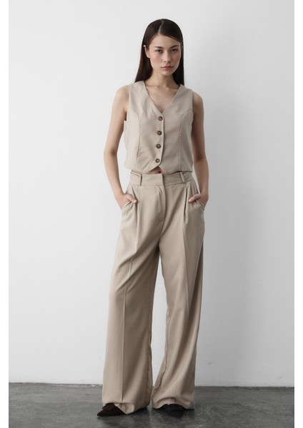Bej Linda Yelek Pantolon Takım