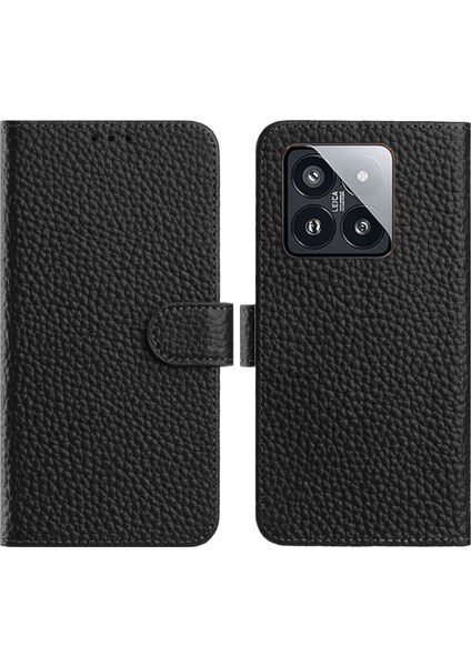 Xiaomi 14 Kılıf Cüzdan Standı Litchi Doku Gerçek Inek Derisi Kapaklı Telefon Kılıfı (Yurt Dışından)