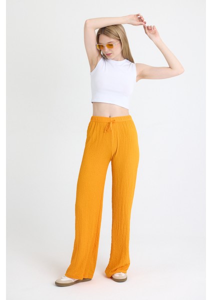 Orange Geniş Paça Dökümlü Bürümcük Kumaş Pantolon 326
