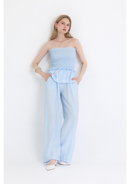 Mavi Büzgülü Straplez Bluz ve Bol Paça Pantolon Takım 5249