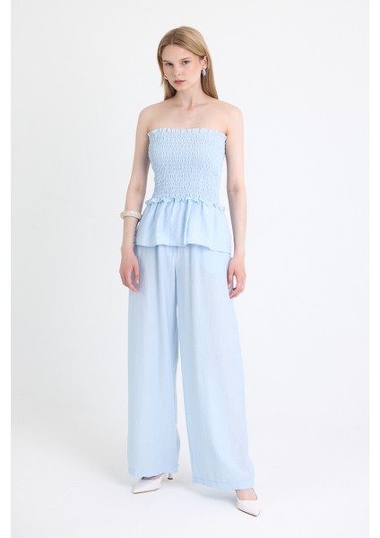 Mavi Büzgülü Straplez Bluz ve Bol Paça Pantolon Takım 5249 fiyatları
