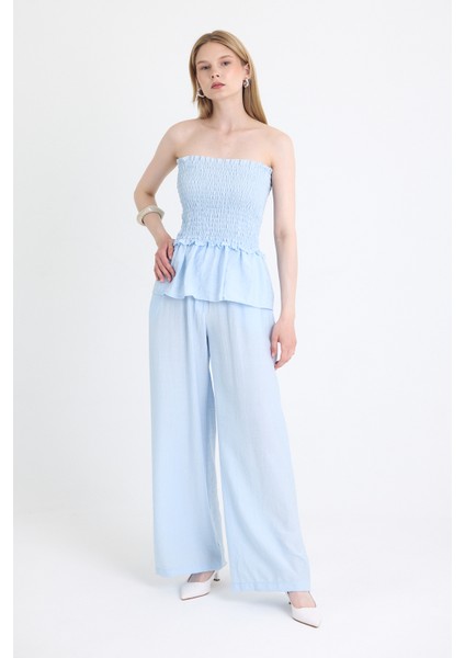 Mavi Büzgülü Straplez Bluz ve Bol Paça Pantolon Takım 5249 modelleri
