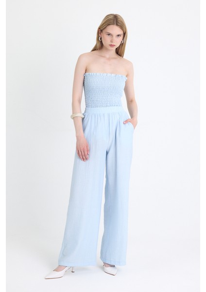 Mavi Büzgülü Straplez Bluz ve Bol Paça Pantolon Takım 5249 fırsatları