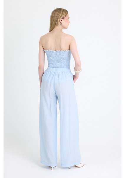 Mavi Büzgülü Straplez Bluz ve Bol Paça Pantolon Takım 5249 indirimleri