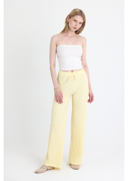 Sarı Geniş Paça Dökümlü Bürümcük Kumaş Pantolon 326 modelleri