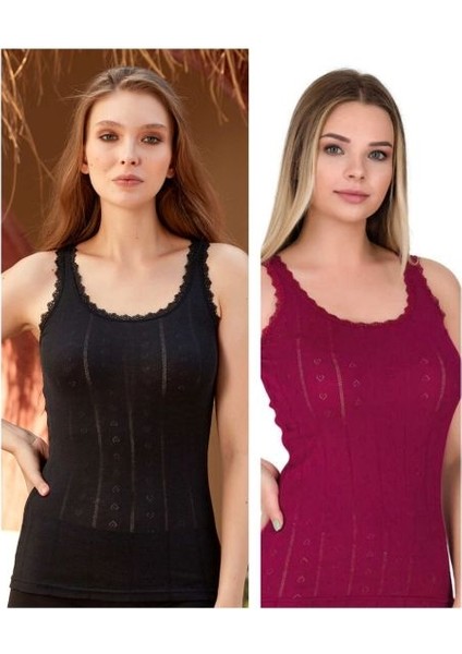 Kit Iç Giyim Berrak 6'lı (Siyah ve Bordo Renkler) Kalp Desenli %100 Pamuk Kalın Askılı Kadın Atlet