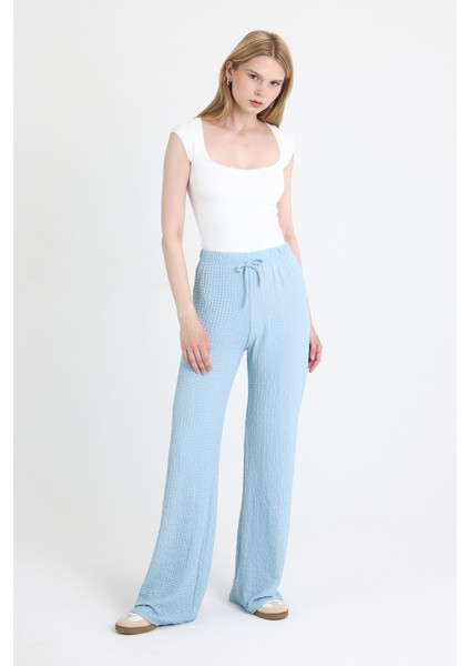 Mavi Geniş Paça Dökümlü Bürümcük Kumaş Pantolon 326