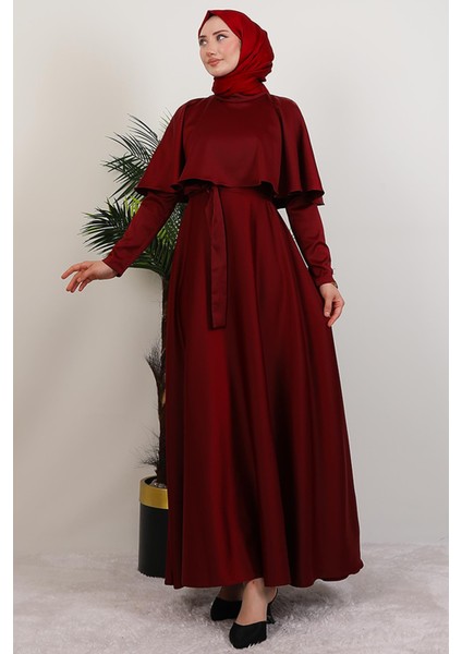 Mona Pelerinli Elbise Bordo