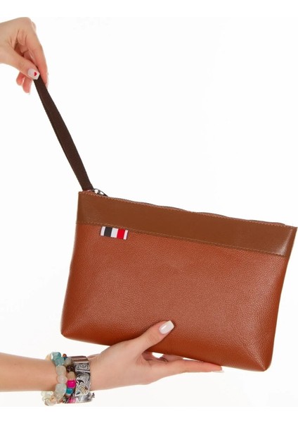 Deri El Askılı Dosya Evrak Günlük Portföy & Clutch Çanta NEW113 - Taba