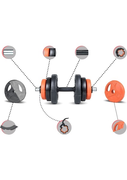 22 kg Grip Plate Multifonksiyonel Turuncu Siyah Halter Seti ve Dambıl Seti