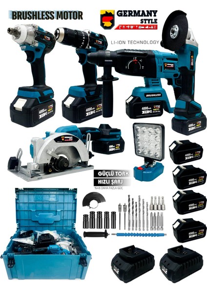 Şarjlı Pro 6'lı Makine Seti Matkap LED Lamba Daire Testere Taşlama Hilti Somun Sökme