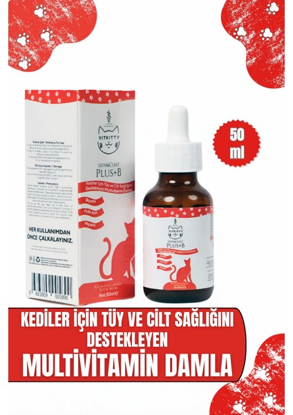 Kediler Için Tüy Dökümünü Azaltan, Besleyen Cilt ve Tüy Sağlığı Damlası Plus B 50 ml