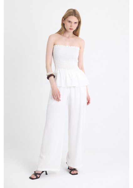 Beyaz Büzgülü Straplez Bluz ve Bol Paça Pantolon Takım 5249