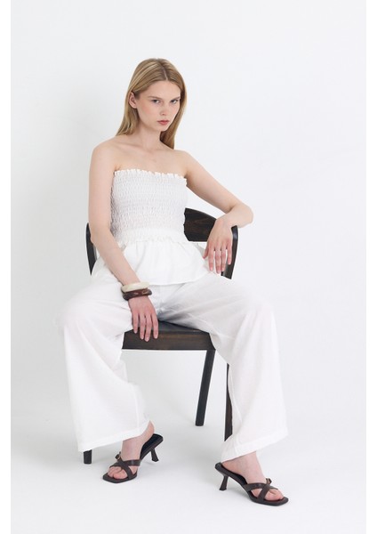 Beyaz Büzgülü Straplez Bluz ve Bol Paça Pantolon Takım 5249 fiyatları