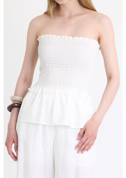 Beyaz Büzgülü Straplez Bluz ve Bol Paça Pantolon Takım 5249 fırsatları