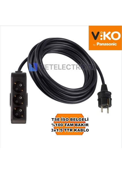 Multi-Let | Üçlü 5 Metre Topraklı Çocuk Korumalı Grup Priz - 3'lü, 5 M, Siyah 3x1.5 Ttr (Tam Bakır) Kablolu