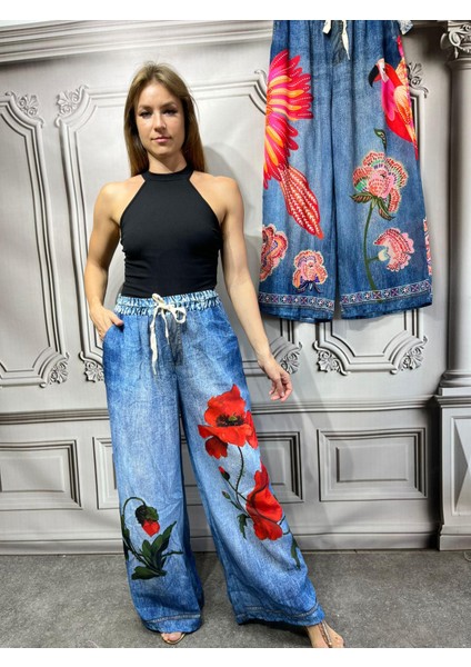 Kadın Italyan Dijital Baskı Gelincik Desenli Oversize Pantolon