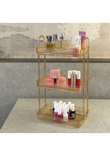 3 Katlı Makyaj Organizeri Kozmetik Aksesuar Düzenleyici Banyo Rafı Amber Sarı (Dayanıklı Poli̇karbonat)