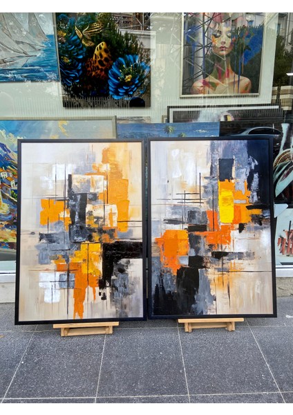 Yağlı Boya Dokulu Tablo Siyah Beyaz Kahve Soyut Ikili Set U08050 indirimleri