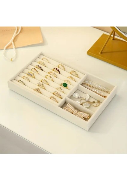 Bej Çekmece İçi Takı ve Makyaj Düzenleyici Tepsi, Yüzüklü Bölmeli Organizatör