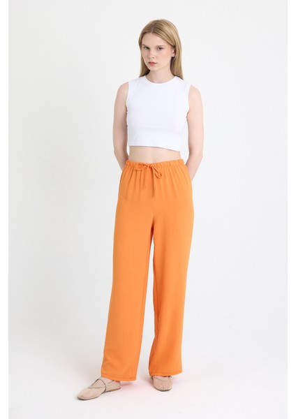 Orange Beli Lastikli Bol Paça Dokuma Pantolon 4284-1
