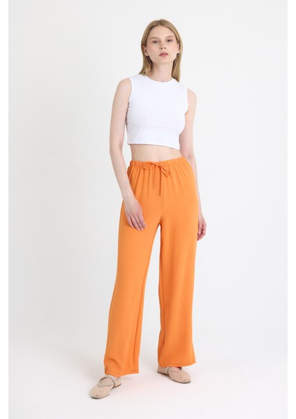 Orange Beli Lastikli Bol Paça Dokuma Pantolon 4284-1 modelleri