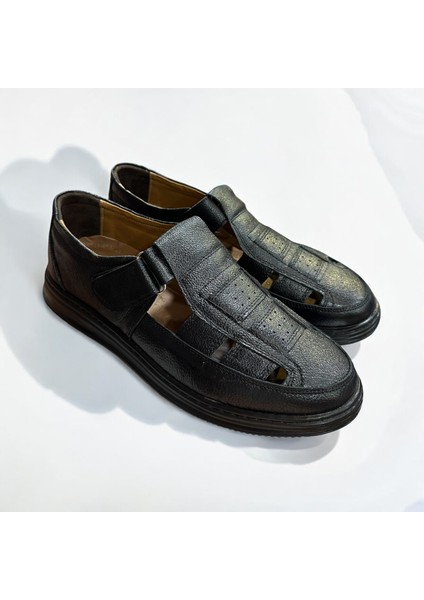 Hakiki Deri Ortopedik Siyah Hafif Erkek Baba Sandalet Ayakkabı