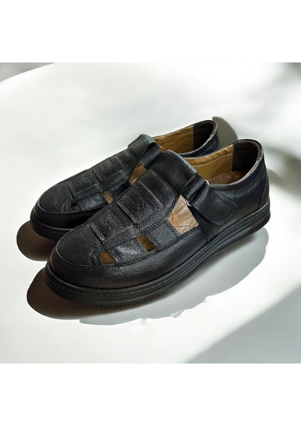 Hakiki Deri Ortopedik Siyah Hafif Erkek Baba Sandalet Ayakkabı modelleri