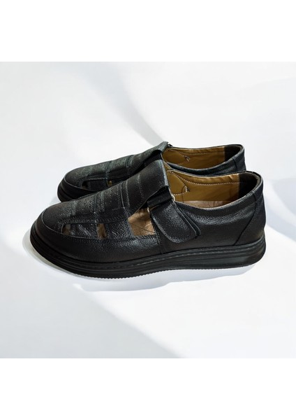 Hakiki Deri Ortopedik Siyah Hafif Erkek Baba Sandalet Ayakkabı fırsatları