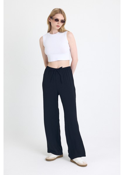 Siyah Beli Lastikli Bol Paça Dokuma Pantolon 4284-1 modelleri