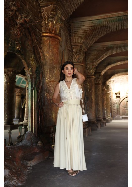 Bel Korseli Pileli Uzun Etek