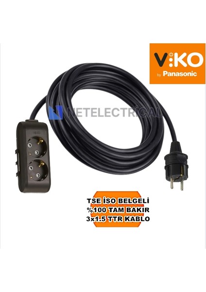 Multi-Let | Ikili 16 Metre Topraklı Çocuk Korumalı Grup Priz - 2'li, 16 M, Siyah 3x1.5 Ttr (Tam Bakır) Kablolu