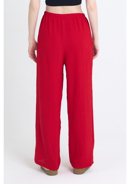 Kırmızı Beli Lastikli Bol Paça Dokuma Pantolon 4284-1 indirimleri