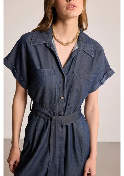 Beli Kemerli Denim Tulum - Mavi fiyatları