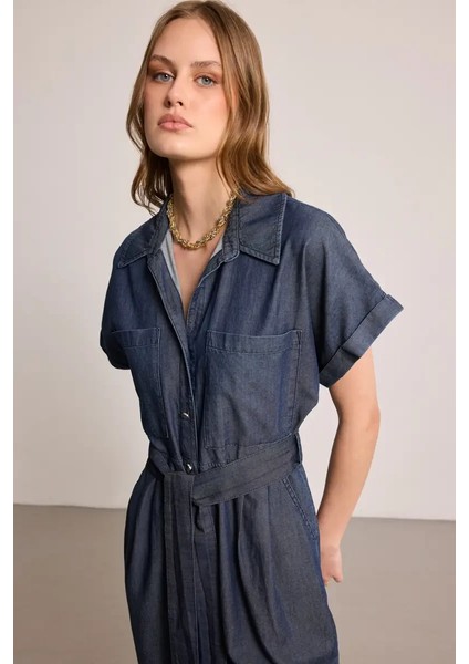 Beli Kemerli Denim Tulum - Mavi modelleri