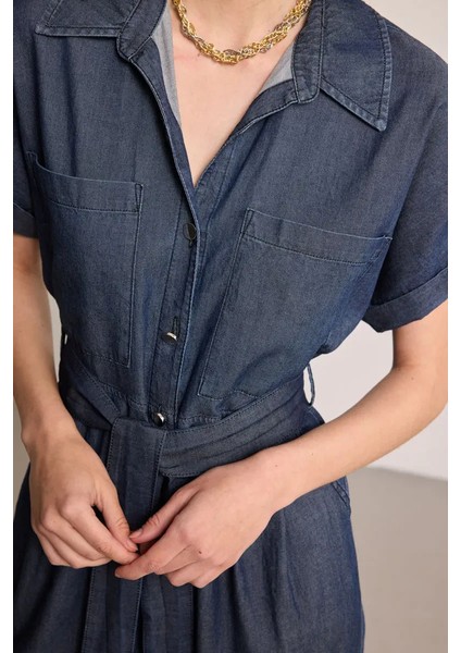 Beli Kemerli Denim Tulum - Mavi fırsatları