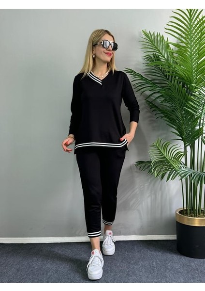 Büyük Beden Konfor Modeli 2'li Alt Üst Takım Uzun Kollu Bol Paça Şeritli Kışlık Şık Örme Ikili Takım