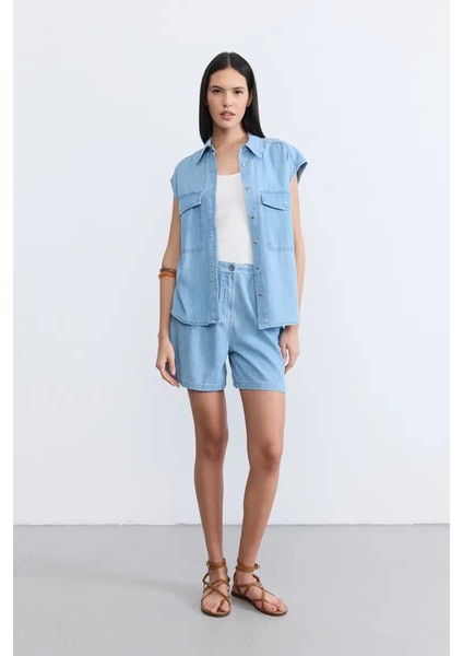Düşük Kollu Tencel Denim Gömlek -Mavi