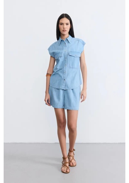 Düşük Kollu Tencel Denim Gömlek -Mavi fiyatları