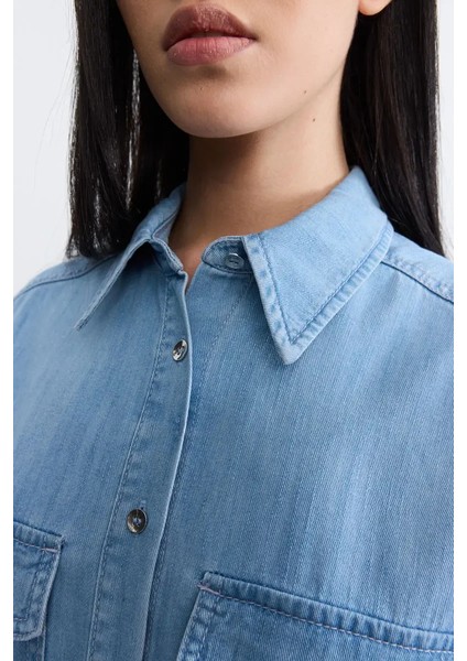 Düşük Kollu Tencel Denim Gömlek -Mavi modelleri