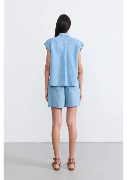 Düşük Kollu Tencel Denim Gömlek -Mavi fırsatları