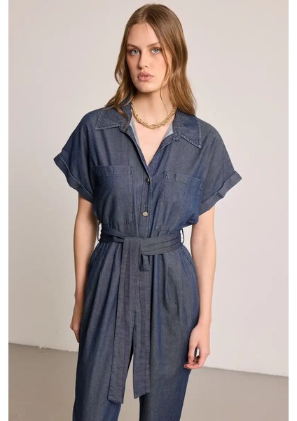 Beli Kemerli Denim Tulum - Mavi