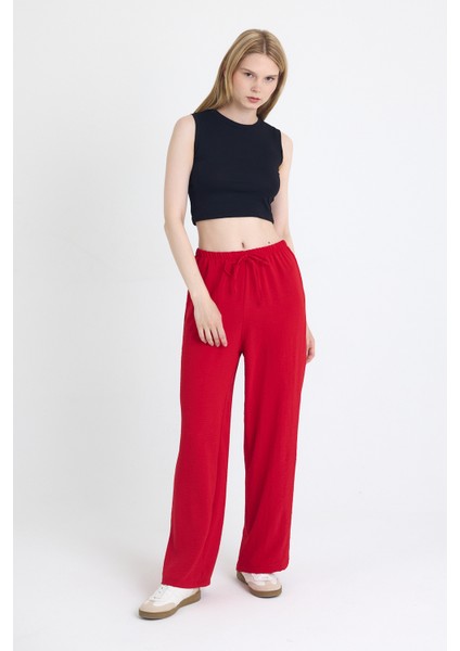 Kırmızı Beli Lastikli Bol Paça Dokuma Pantolon 4284-1 fiyatları