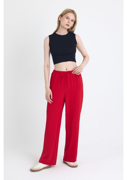 Kırmızı Beli Lastikli Bol Paça Dokuma Pantolon 4284-1 modelleri